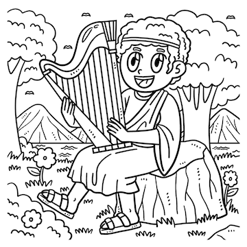 Christian david tocando el arpa pãgina para colorear vector premium