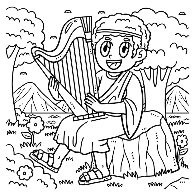 Premium vector christian david playing the harp coloring page