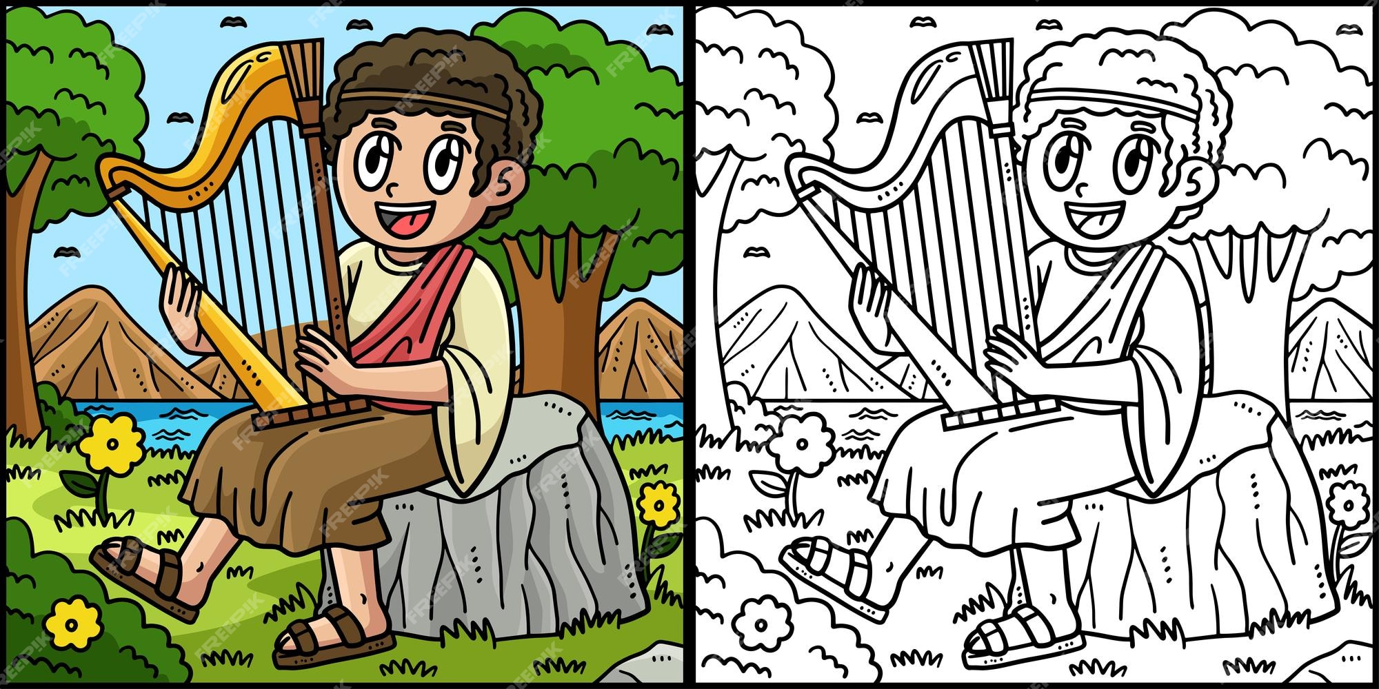 Ta pãgina para colorear mutra a un cristiano david tocando el arpa un lado de ta ilustraciãn tã coloreado y sirve de inspiraciãn para los niãos vector premium