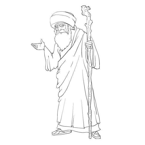 Sketch ancient jewish sage with a staff coloring book isolated object on white background vector illustration stock illustration