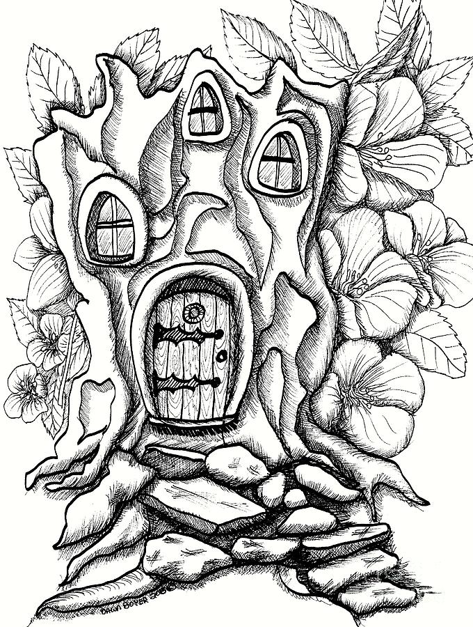 Fairy house stump and hibiscus drawing by dawn boyer