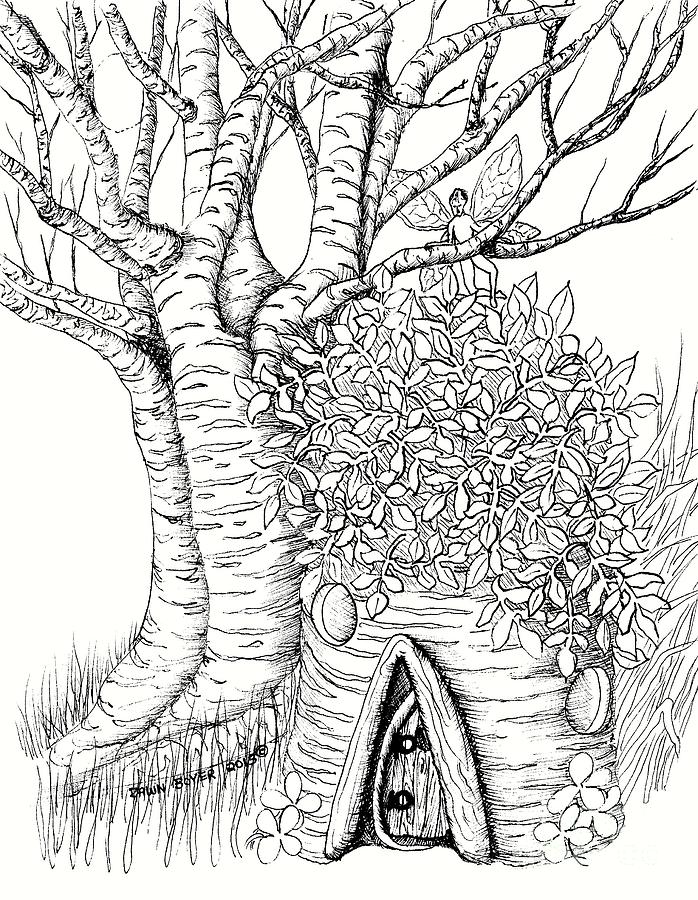 White birch stump fairy house drawing by dawn boyer