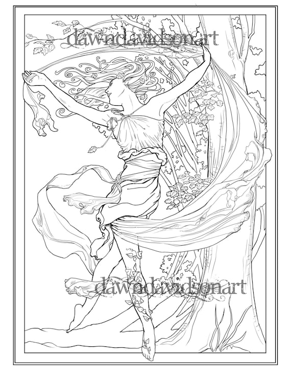 Spirit of autumn fairy coloring page coloring for grownups autumn coloring page autumn leaves fantasy coloring art nouveau