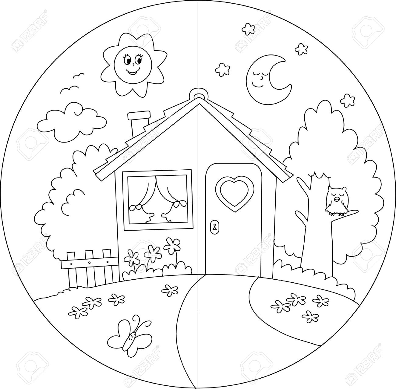 Night and day view of a cartoon country house coloring vector for children royalty free svg cliparts vectors and stock illustration image