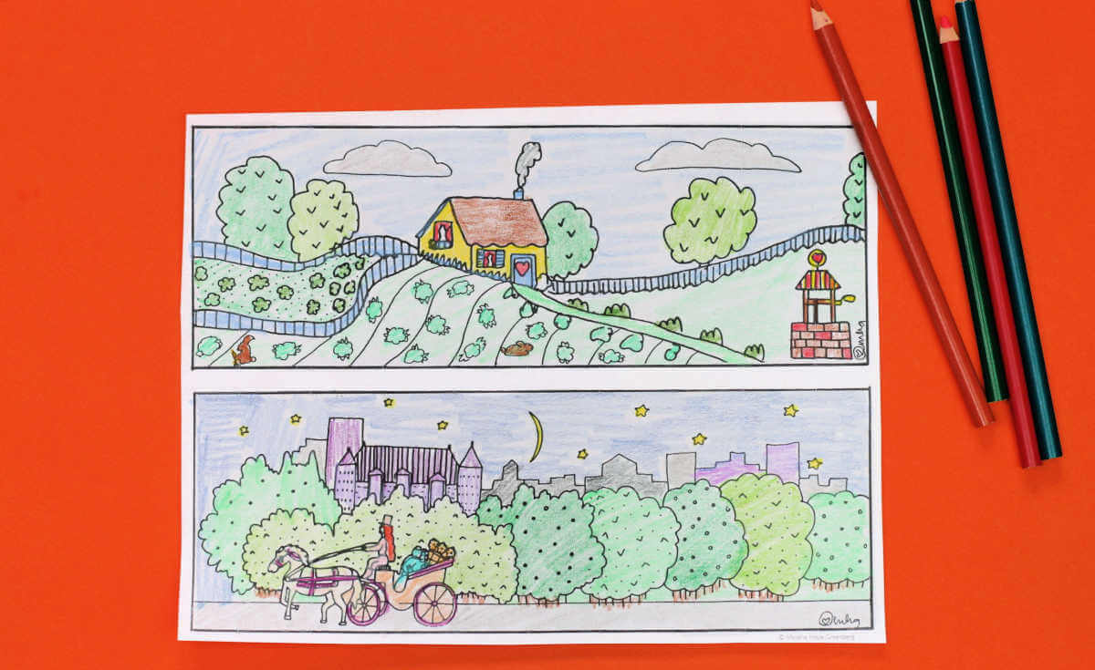 Day and night city and country coloring page for kids