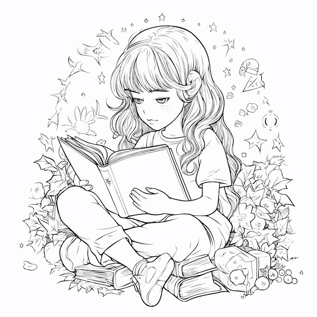 Premium vector sketch hand drawn single line art coloring page line drawing women read book day