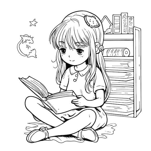 Premium vector sketch hand drawn single line art coloring page line drawing women read book day