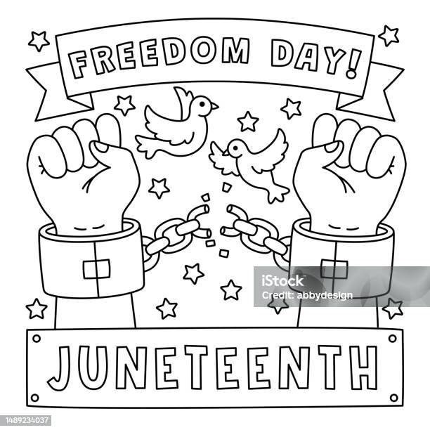 Broken chains with freedom day coloring page stock illustration