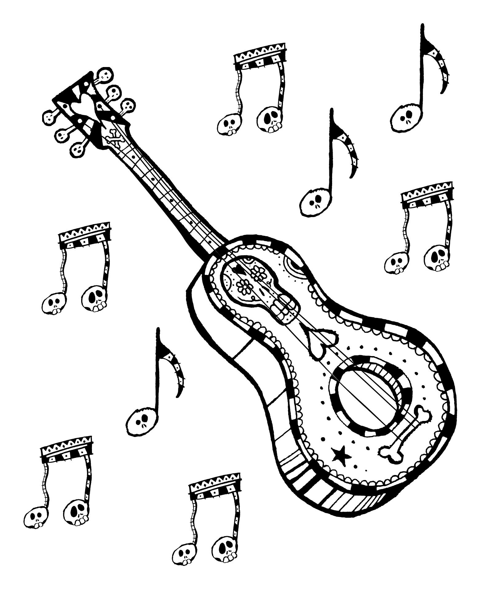 Free printable dia de los muertos guitar coloring page diadelosmuertos dayofthâ halloween printables free free printable coloring pages rock painting tutorial