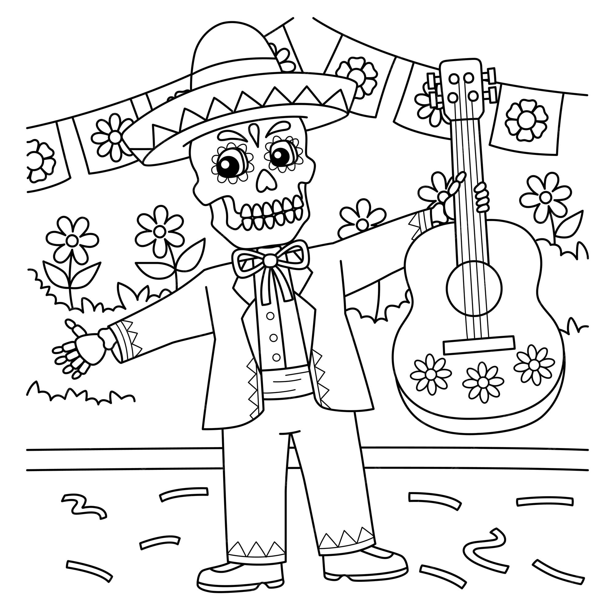 Premium vector cinco de mayo skeleton holding guitar coloring