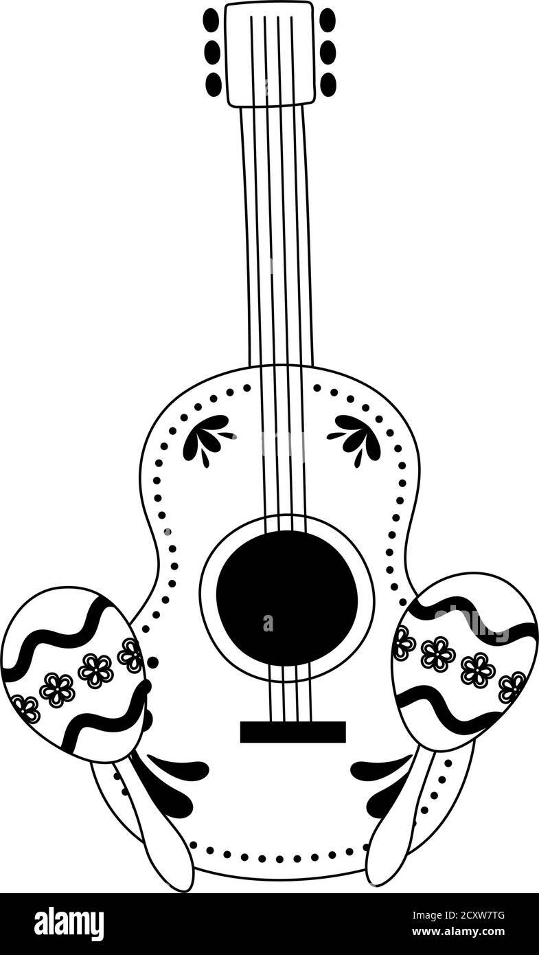 Day of the dead guitar and maracas music mexican celebration vector illustration line style stock vector image art