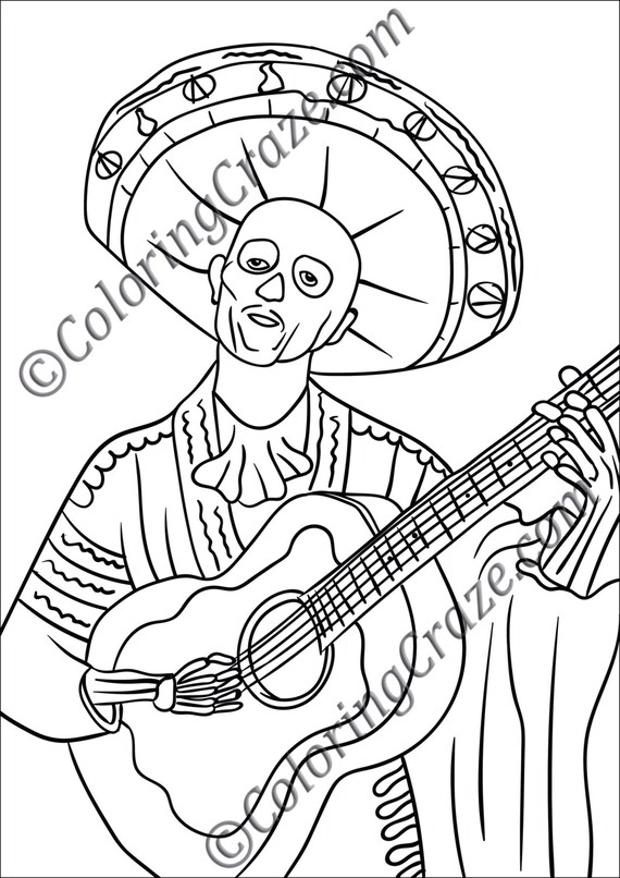 Day of the dead coloring page digital printable pdf illustration dia de los muertos art adult coloring books mexican guitar player
