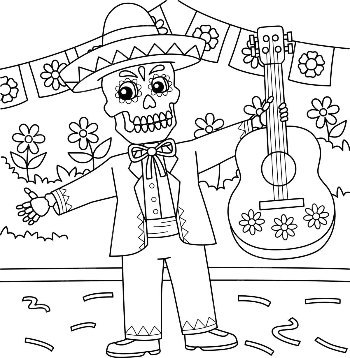 Cinco de mayo skeleton holding guitar coloring holiday line celebration vector holiday line celebration png and vector with transparent background for free download