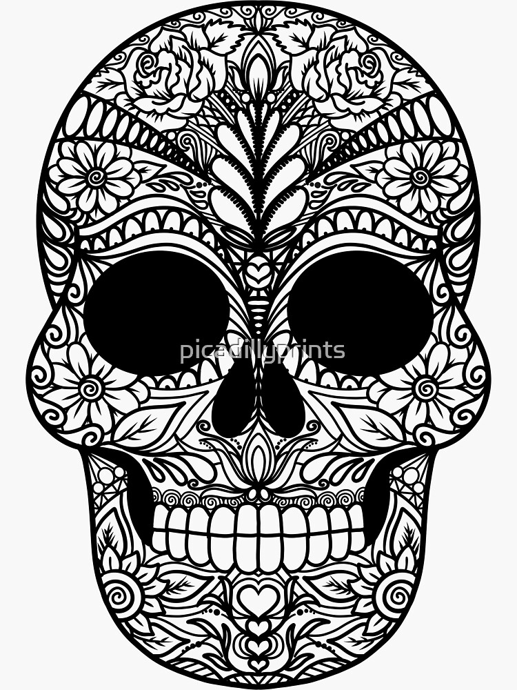 Day of the dead dia de los muertos skull coloring doodle art sticker for sale by picadillyprints