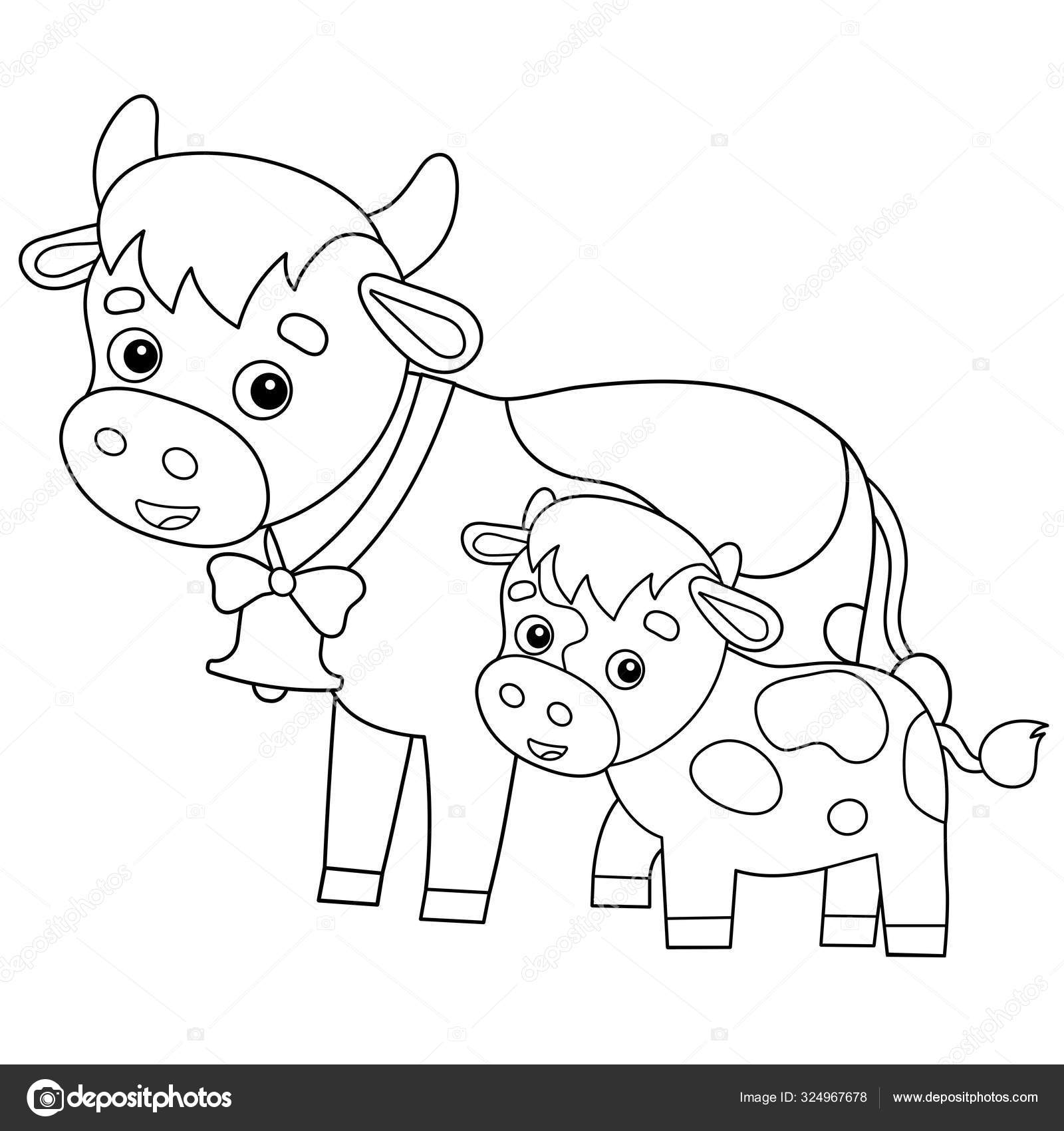 Pãgina para colorear esquema de la vaca de dibujos animados con ternera animales de granja libro para colorear para niãos vector de stock por oleon