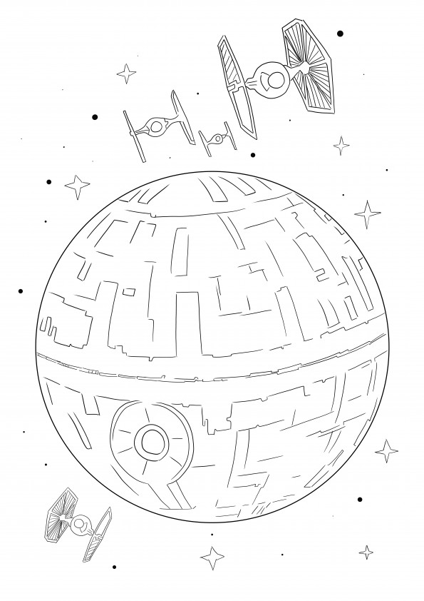Free coloring sheet of death star and tie fighters to download or print