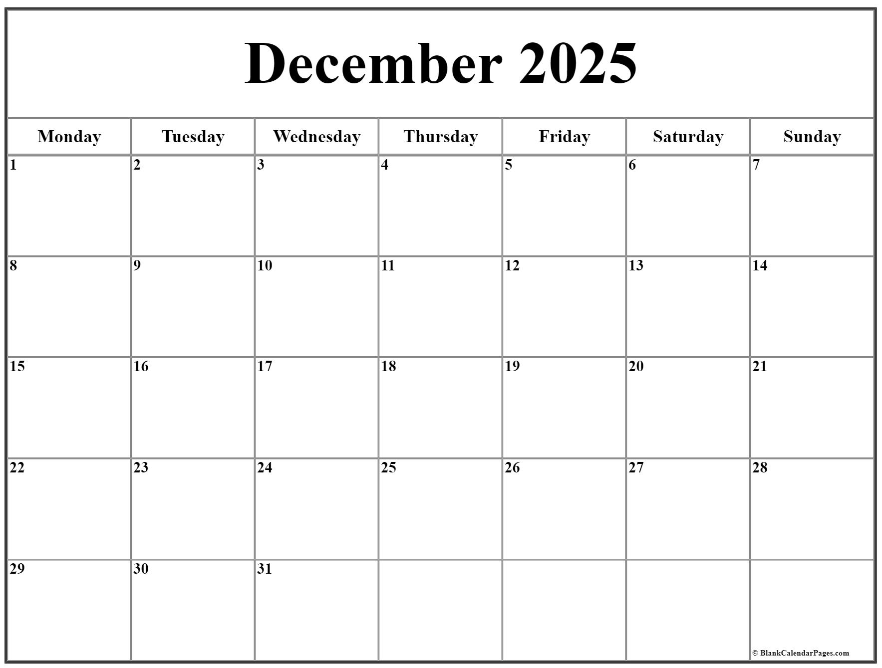 December monday calendar monday to sunday