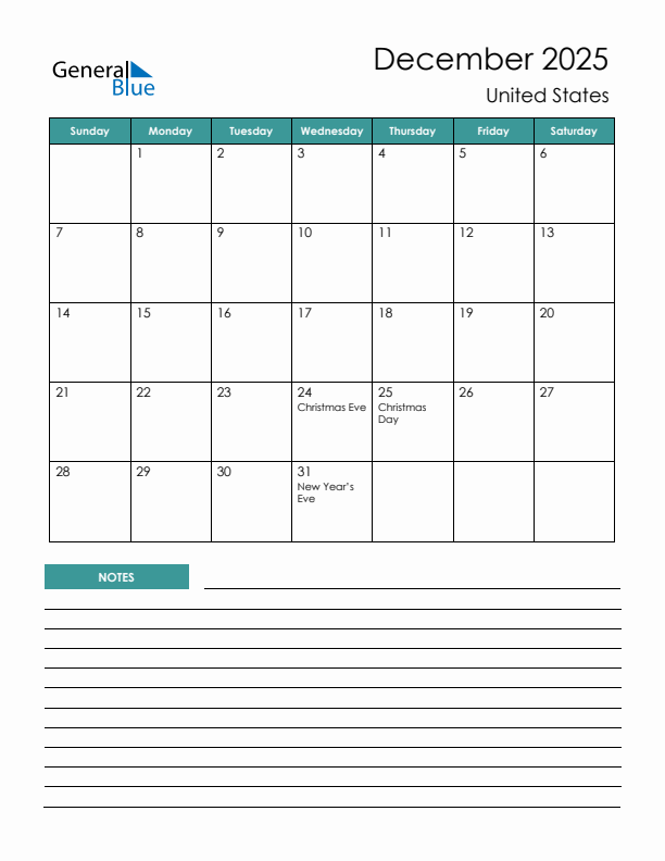 December monthly calendar with united states holidays