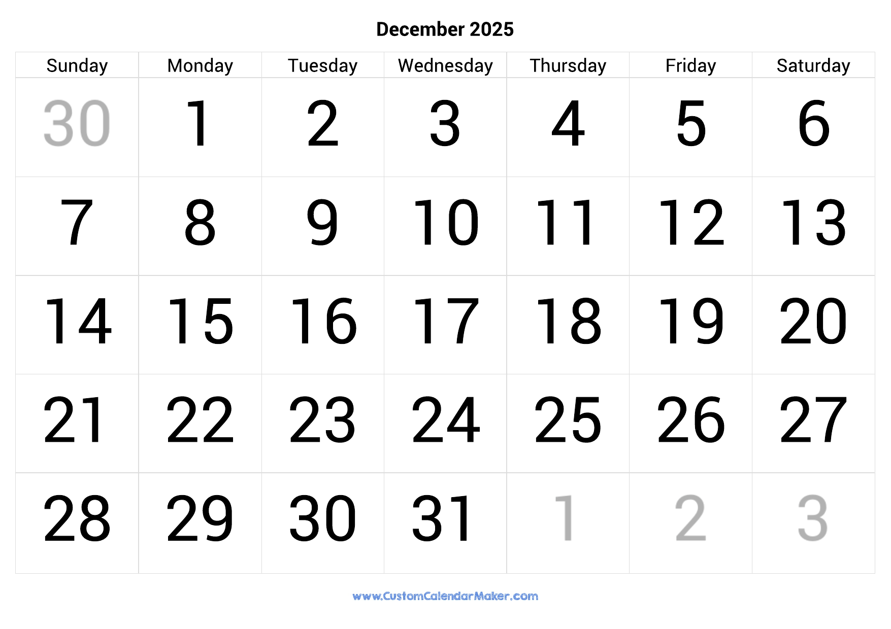 December calendar printable with large numbers