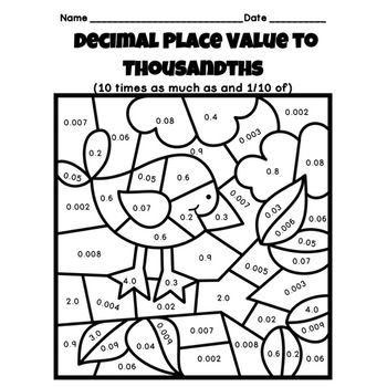 Decimal place value to thousandths color by number