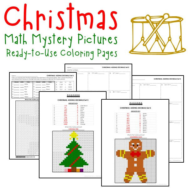 Christmas decimals coloring worksheets
