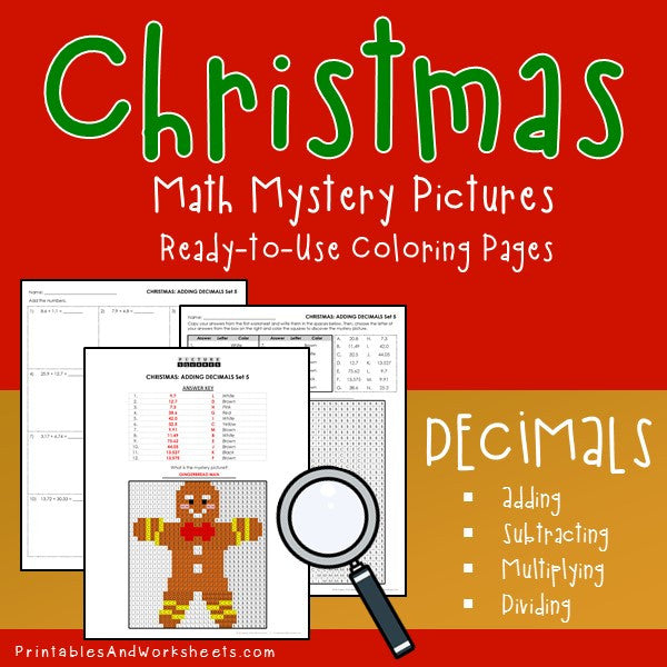 Christmas decimals coloring worksheets