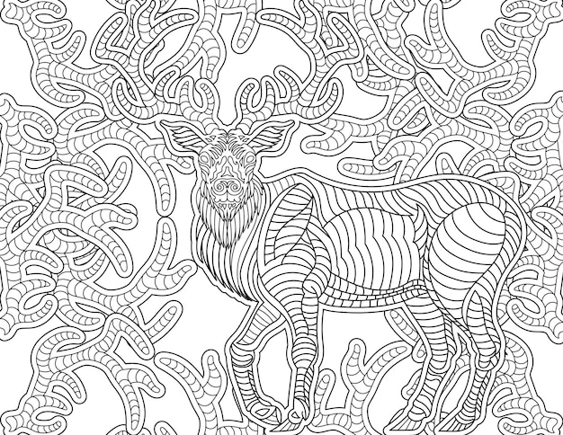 Premium vector deer line drawing with long horns growing around it coloring book idea