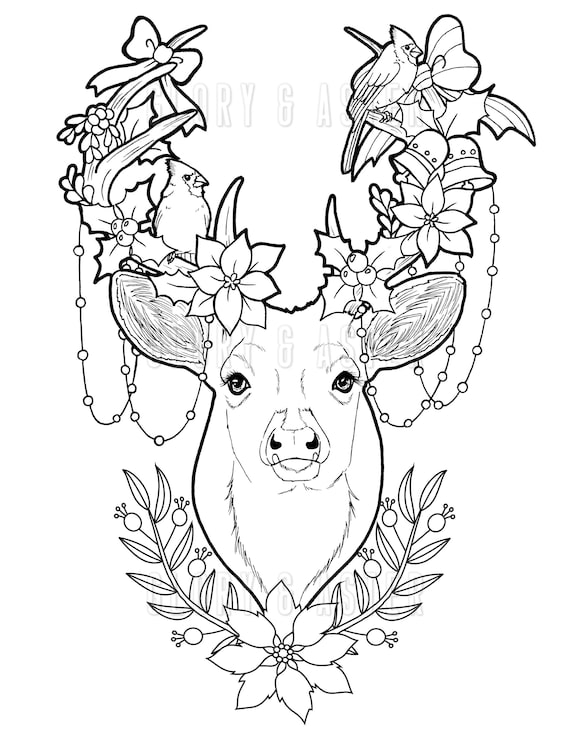 Holiday deer coloring page coloring sheets adult coloring page instant download animal coloring adult coloring book