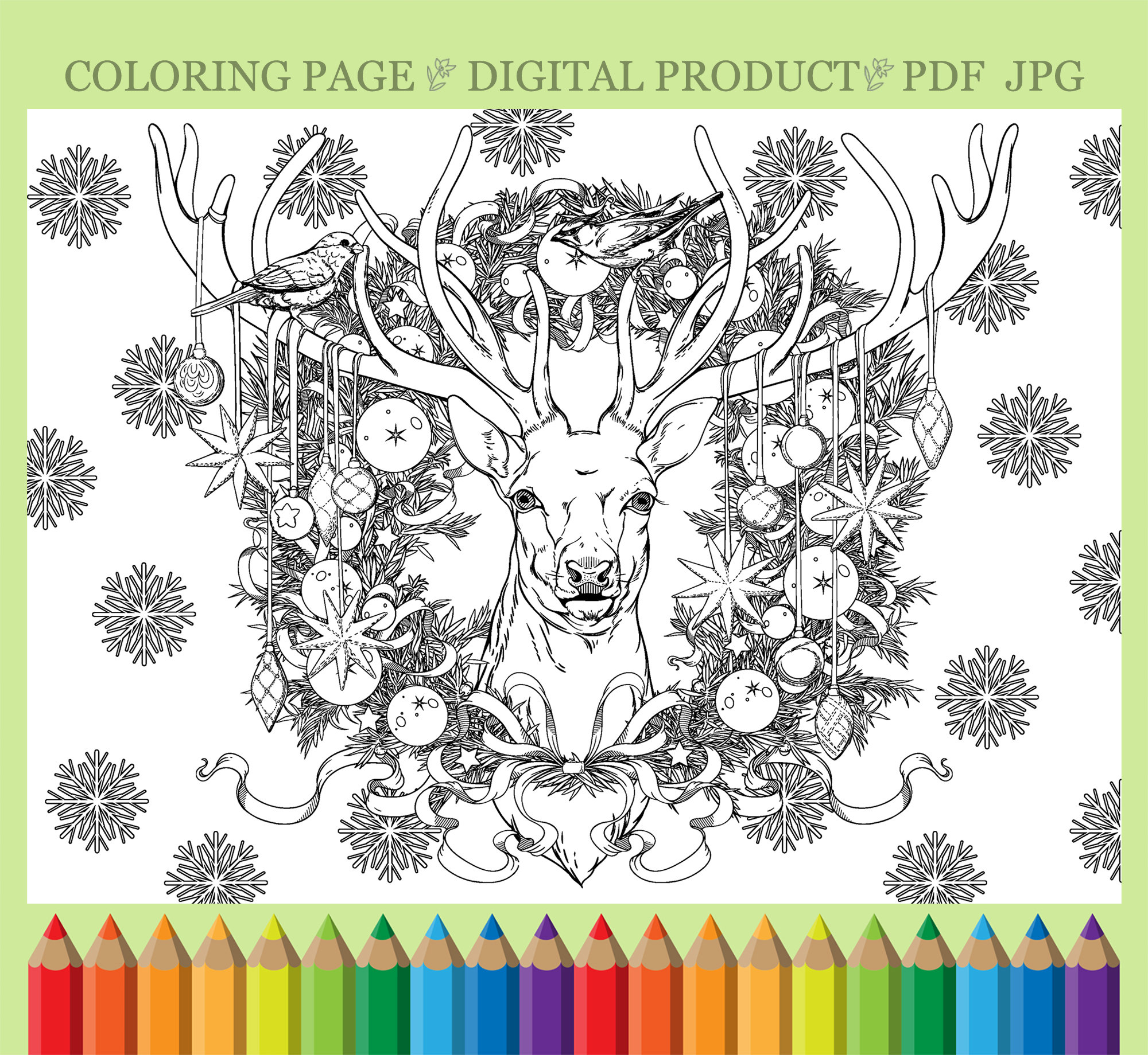 Christmas coloring page with deer pdf printable coloring page adult coloring page digital download
