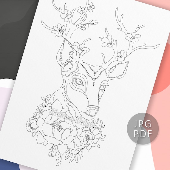 Deer with wildflowers printable coloring page adult coloring book pages by valeria slavova