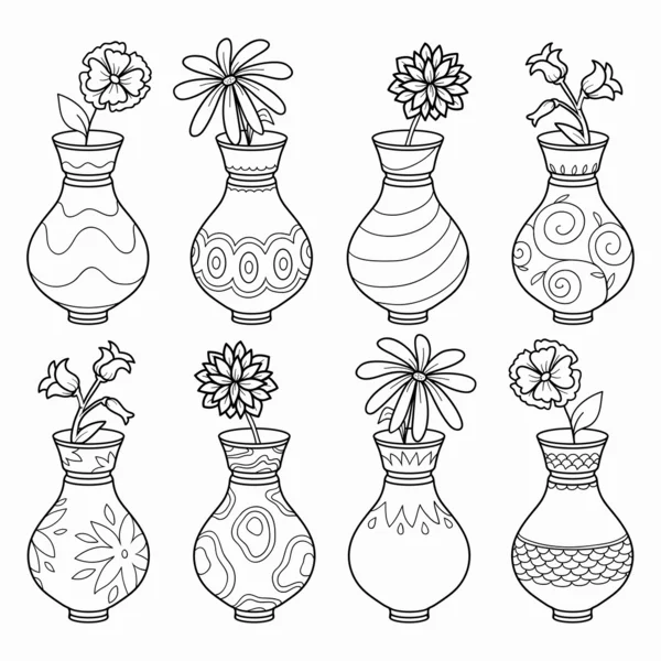Coloring book vases with flowers vector colorless set stock vector by ksenyasavva
