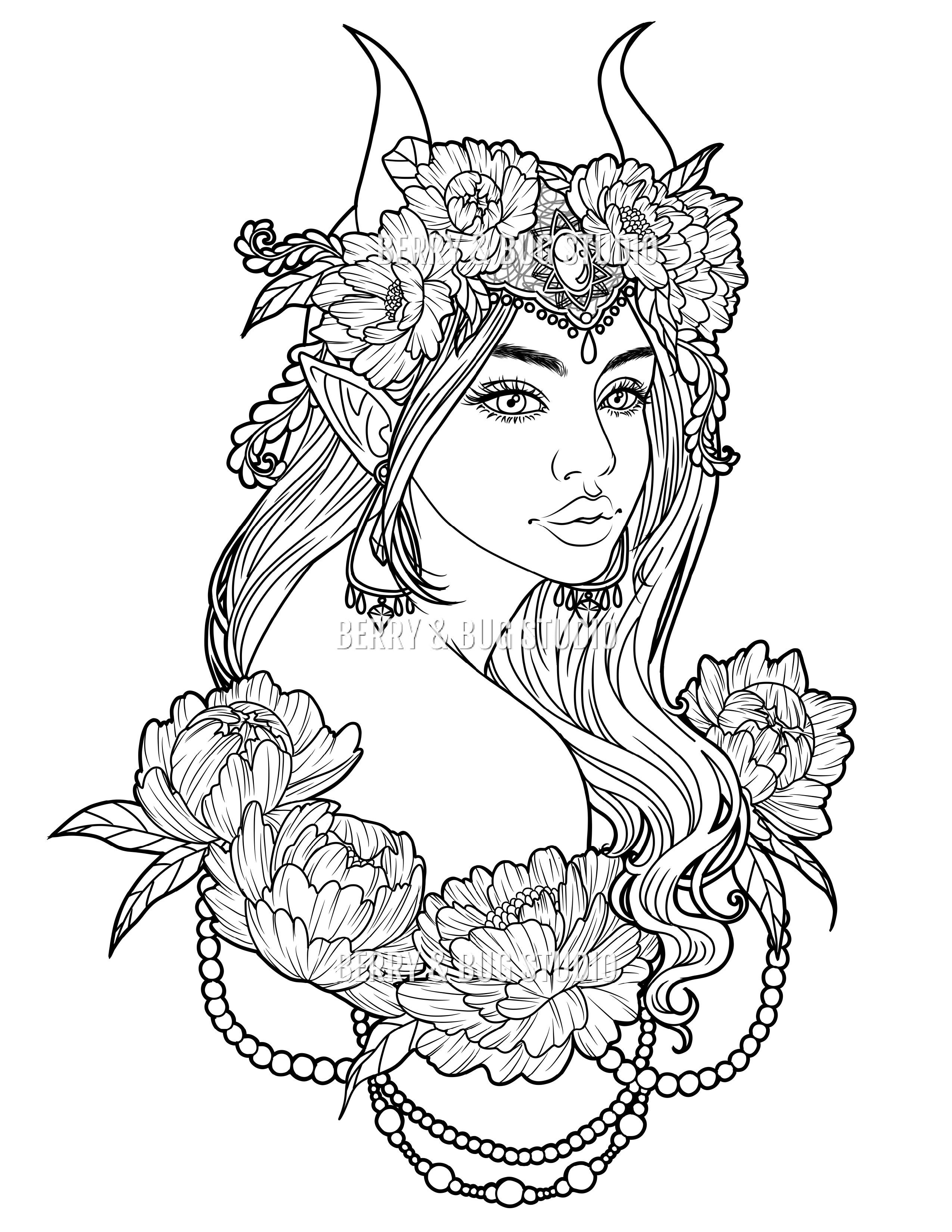 Adult coloring page fantasy portrait coloring book
