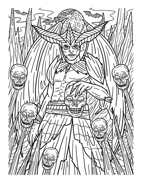 Premium vector halloween horned being coloring page for adults