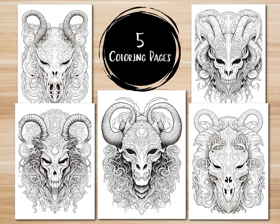 Halloween coloring page halloween demons coloring page printable black and white coloring page demon skull coloring sheet