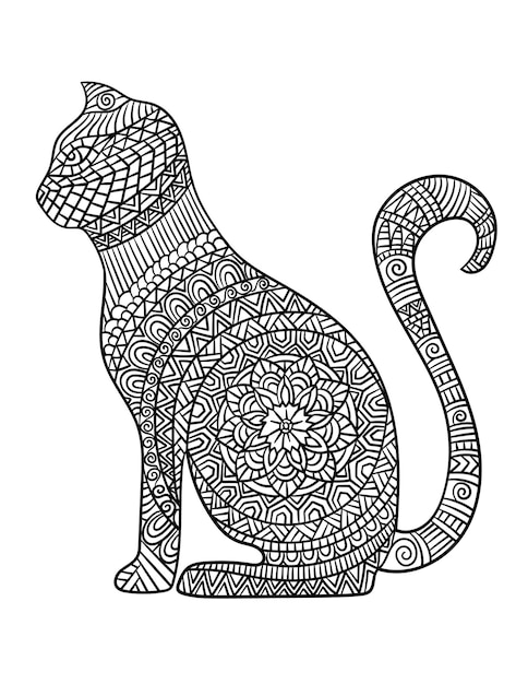 Desenhos para colorir de mandala de gato para adultos vetor premium
