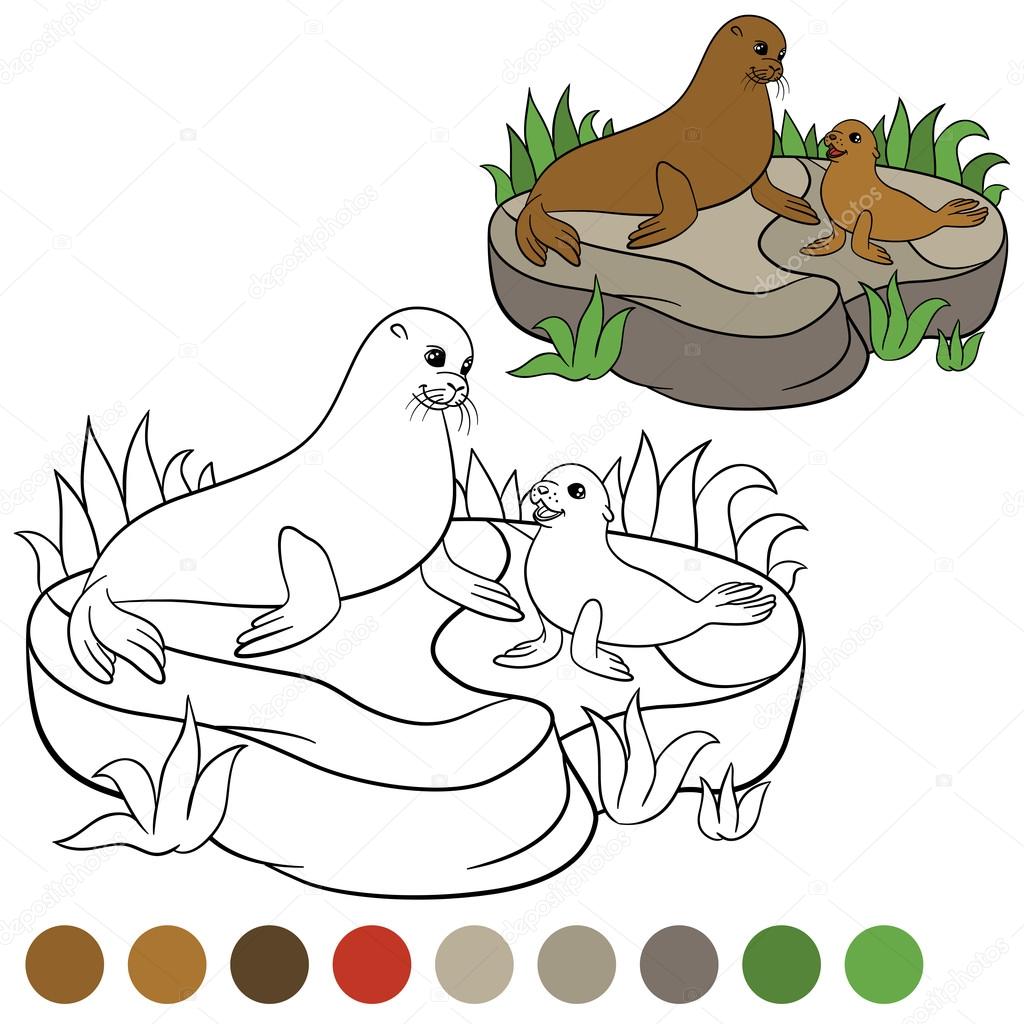 Desenho para colorir cores mãe pele selo seu bebãª imagem vetorial de ya