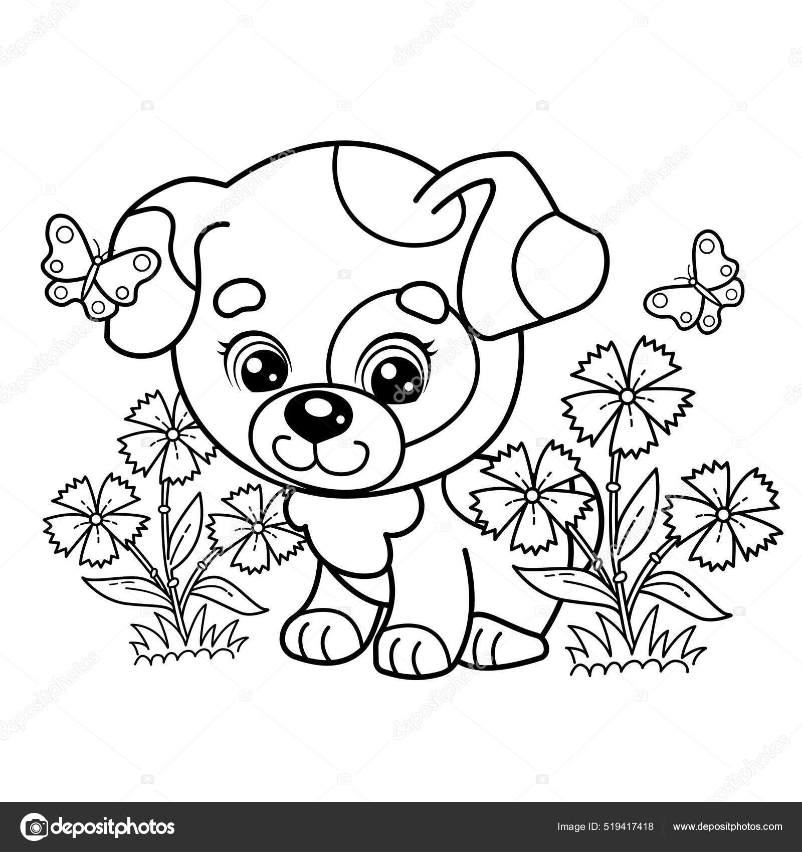 Desenho pãgina colorir desenho animado pouco cão clareira flor cachorrinho imagem vetorial de oleon
