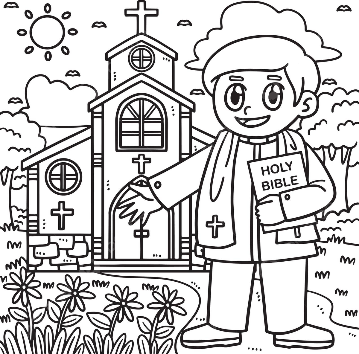 Desenho de pãgina para colorir um padre cristão em pã na frente da igreja vetor png desenho de igreja desenho de anel desenho cristão imagem png e vetor para download gratuito