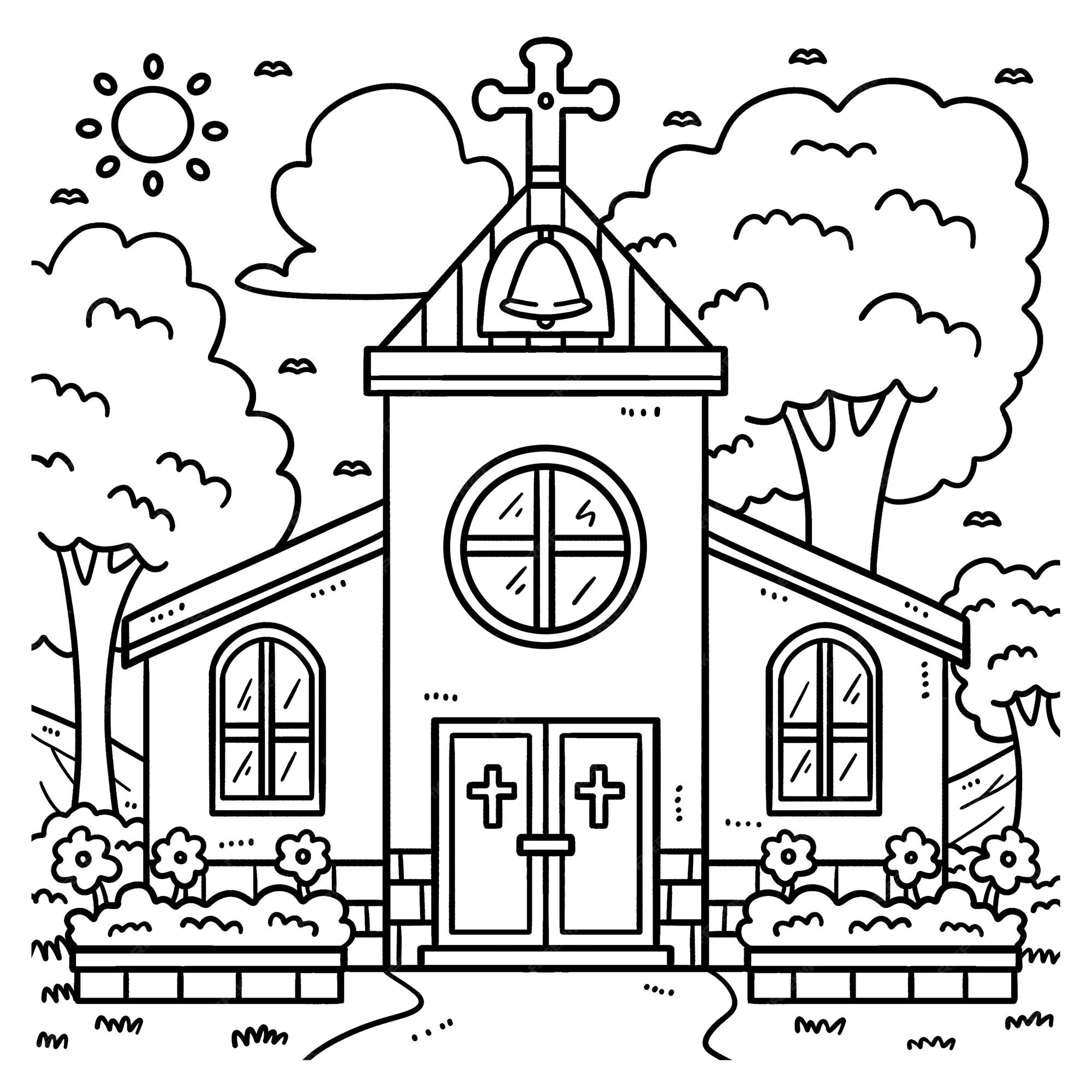 Pãgina para colorir de igreja cristã para crianãas vetor premium