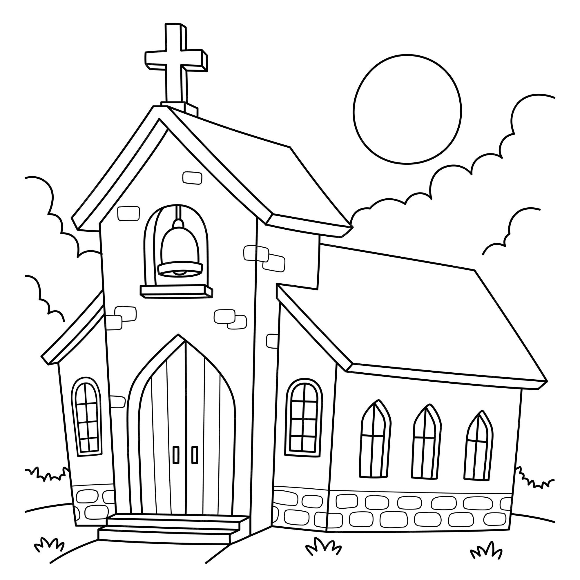 Pãgina para colorir de igreja cristã para crianãas vetor premium