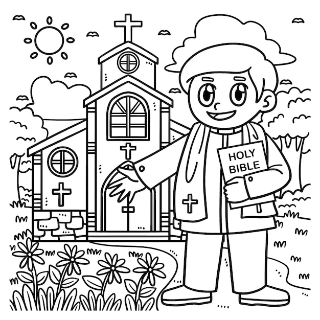 Desenho de padre cristão em frente ã igreja para colorir vetor premium