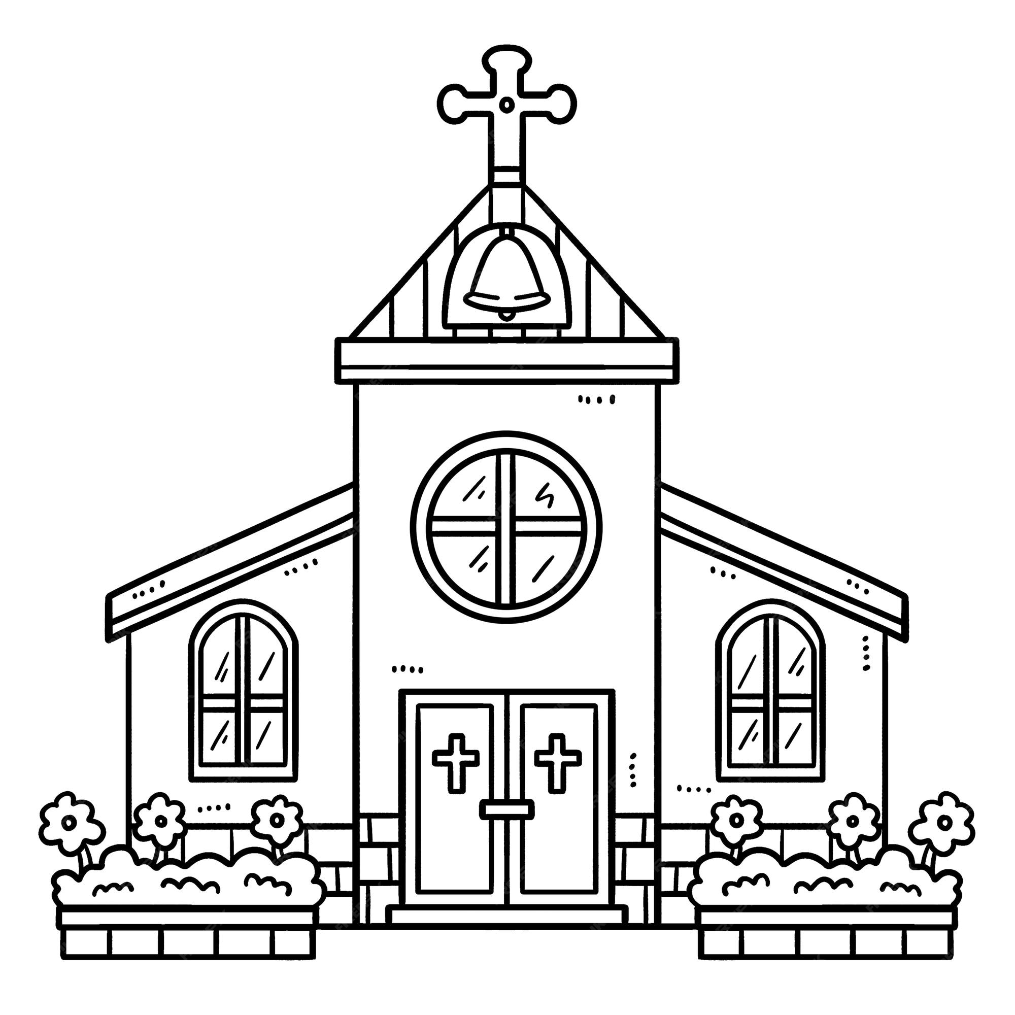 Pãgina para colorir isolada da igreja cristã para crianãas vetor premium
