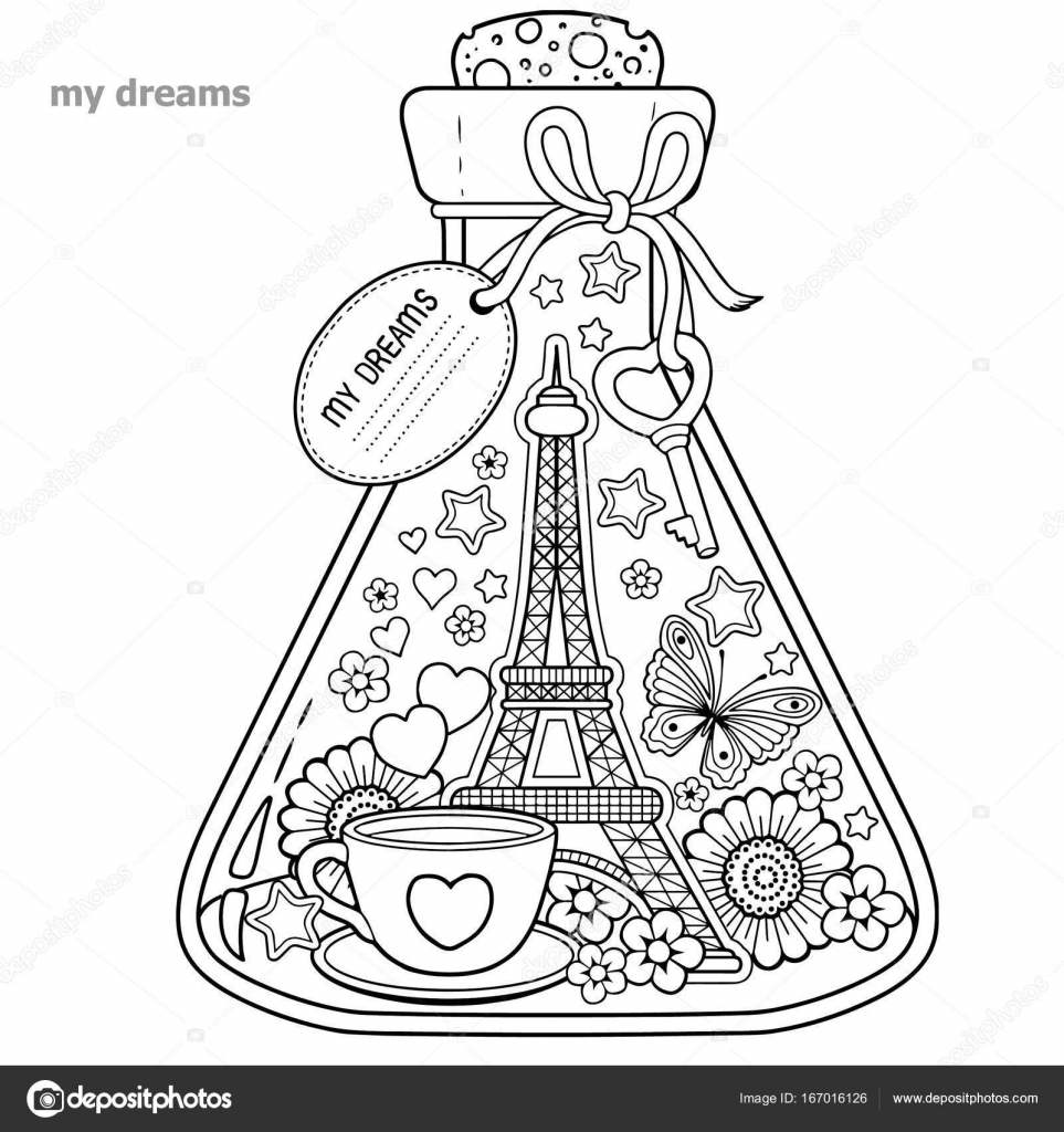 Vector colorir livro para adultos um recipiente de vidro sonhos de viajar para parisa garrafa borboleta joaninha folhas xãcara de cafã valentines e torre eiffel imagem vetorial de natasha