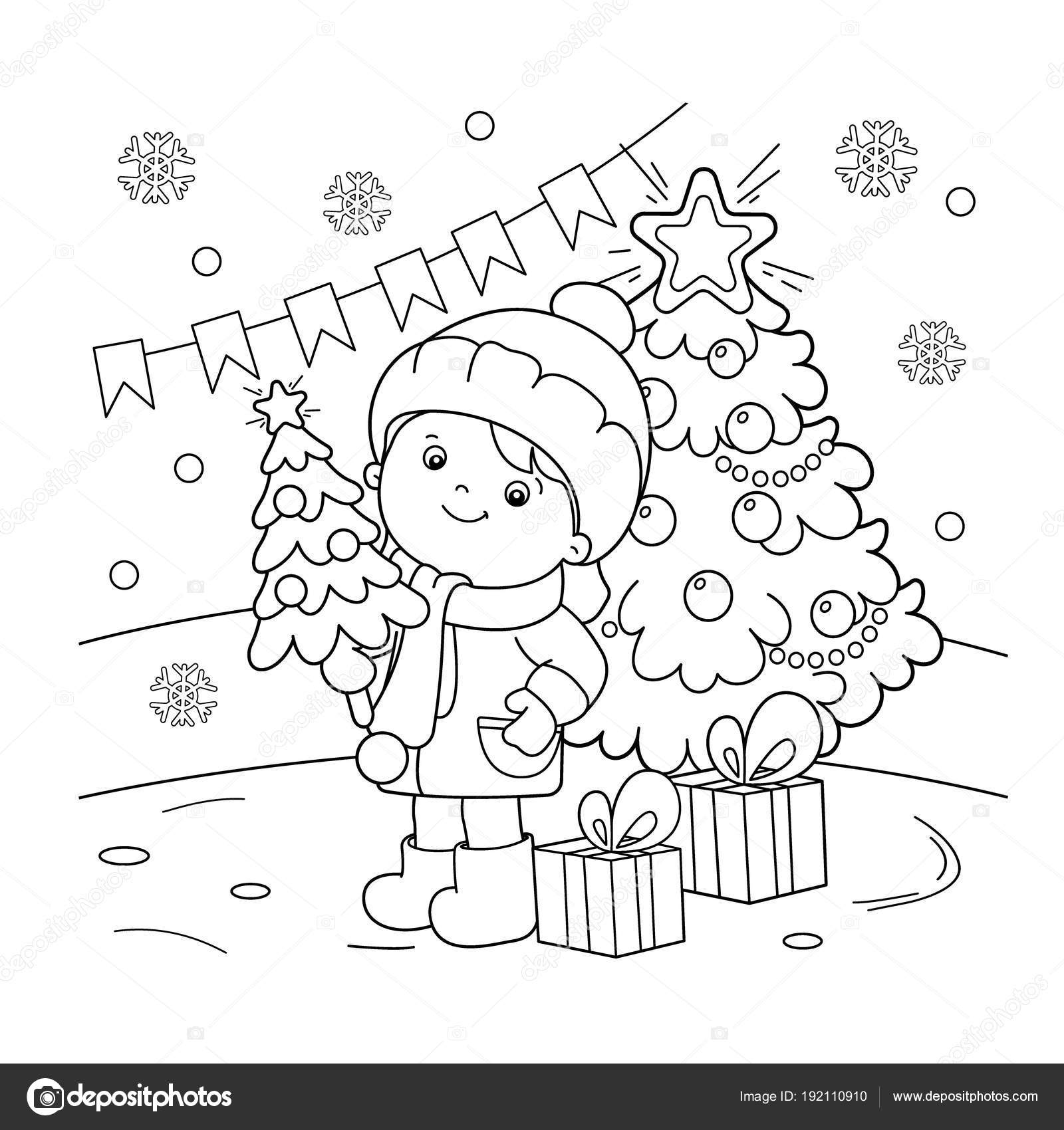 Desenho de pãgina para colorir de menina presentes na ãrvore de natal no natal ano novo livro para colorir para crianãas imagem vetorial de oleon