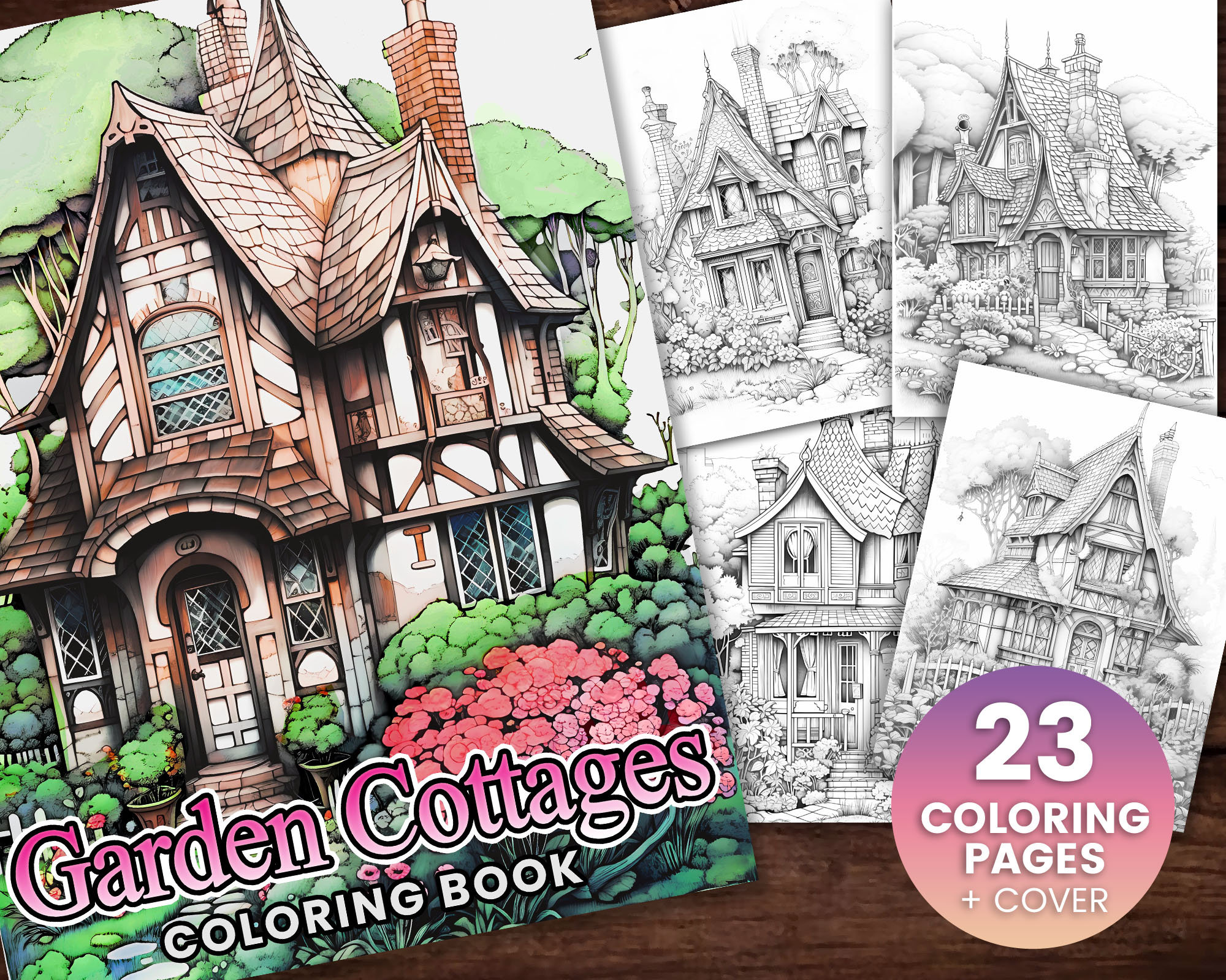 Garden cottages coloring book adults instant download grayscale coloring page printable pdf cottages cute cottage life flower house