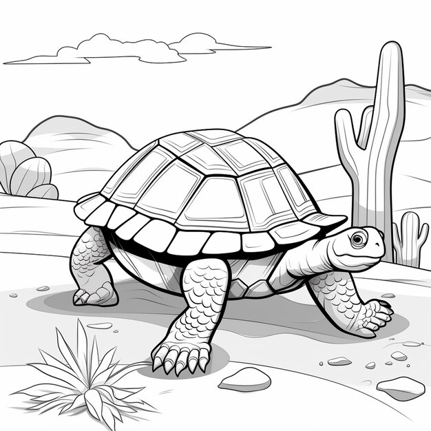 Premium ai image desert tortoise kids drawing cute angel flat coloring book kawaii line art