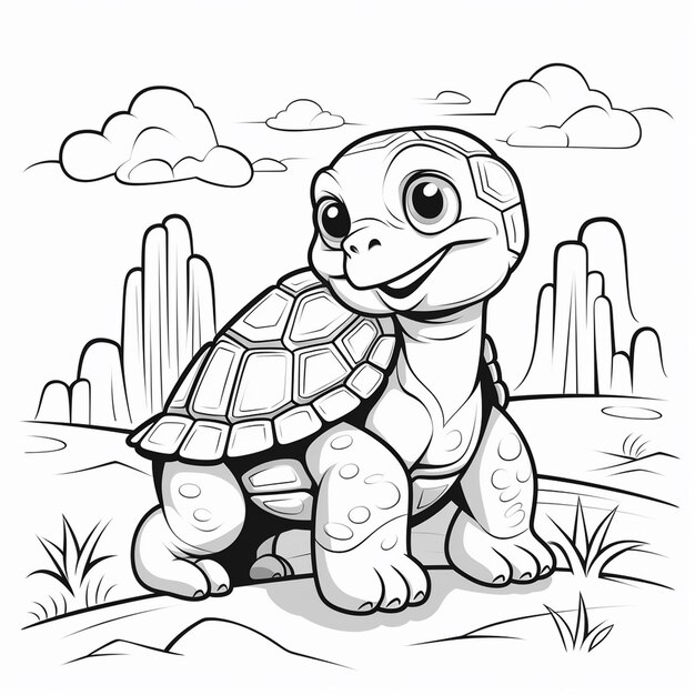 Premium ai image desert tortoise kids drawing hand drawn flat coloring book kawaii line art