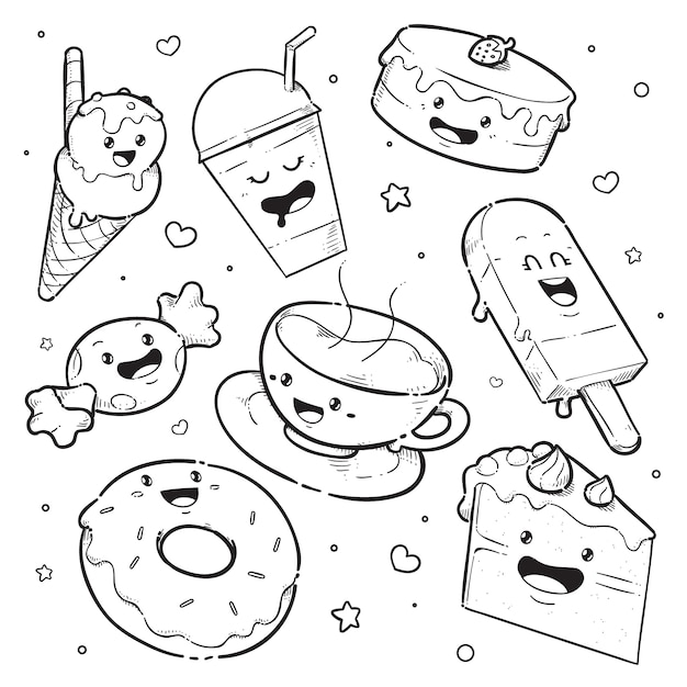Free vector hand drawn kawaii coloring book with dessert