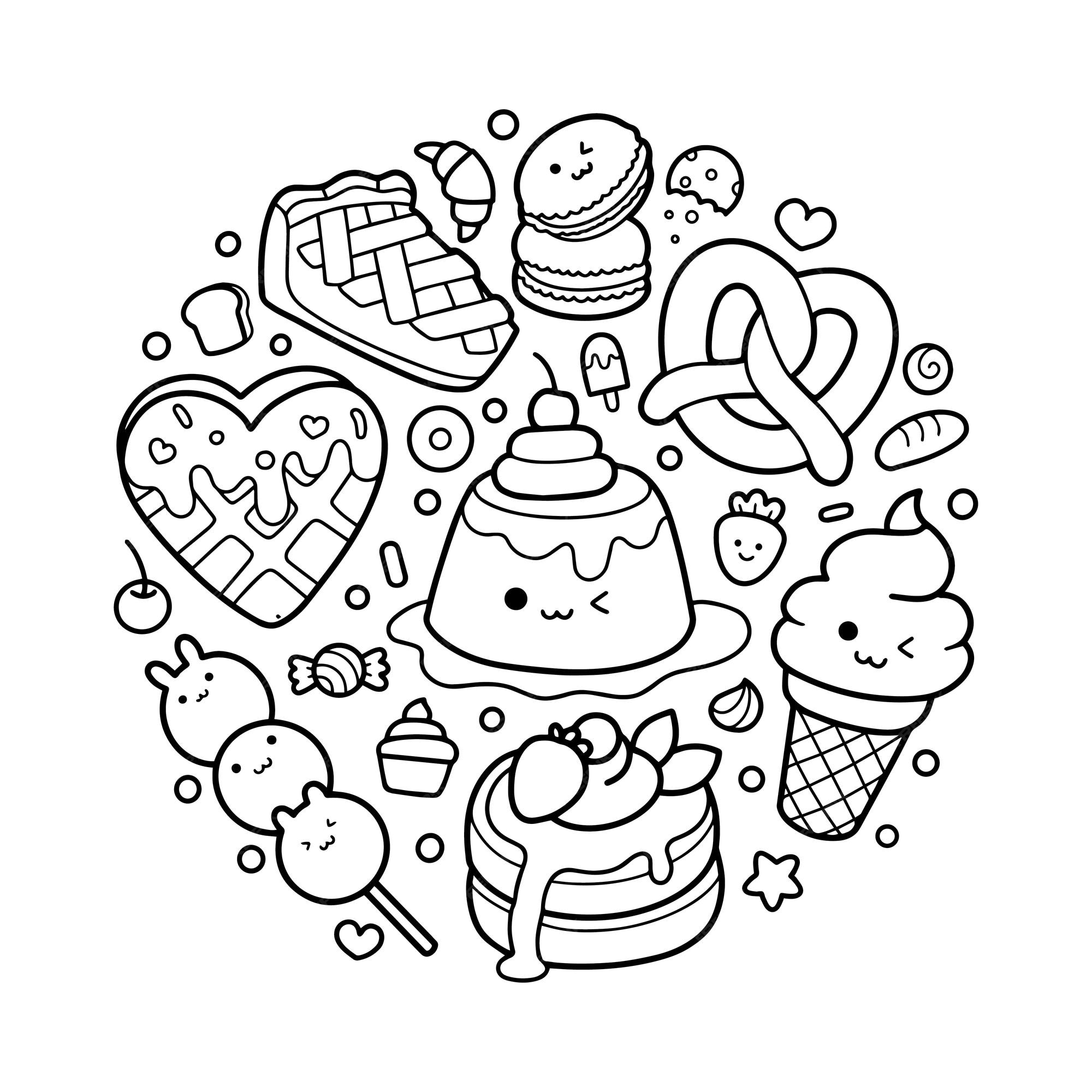 Premium vector sweet desserts hand drawn doodle elements coloring page illustration