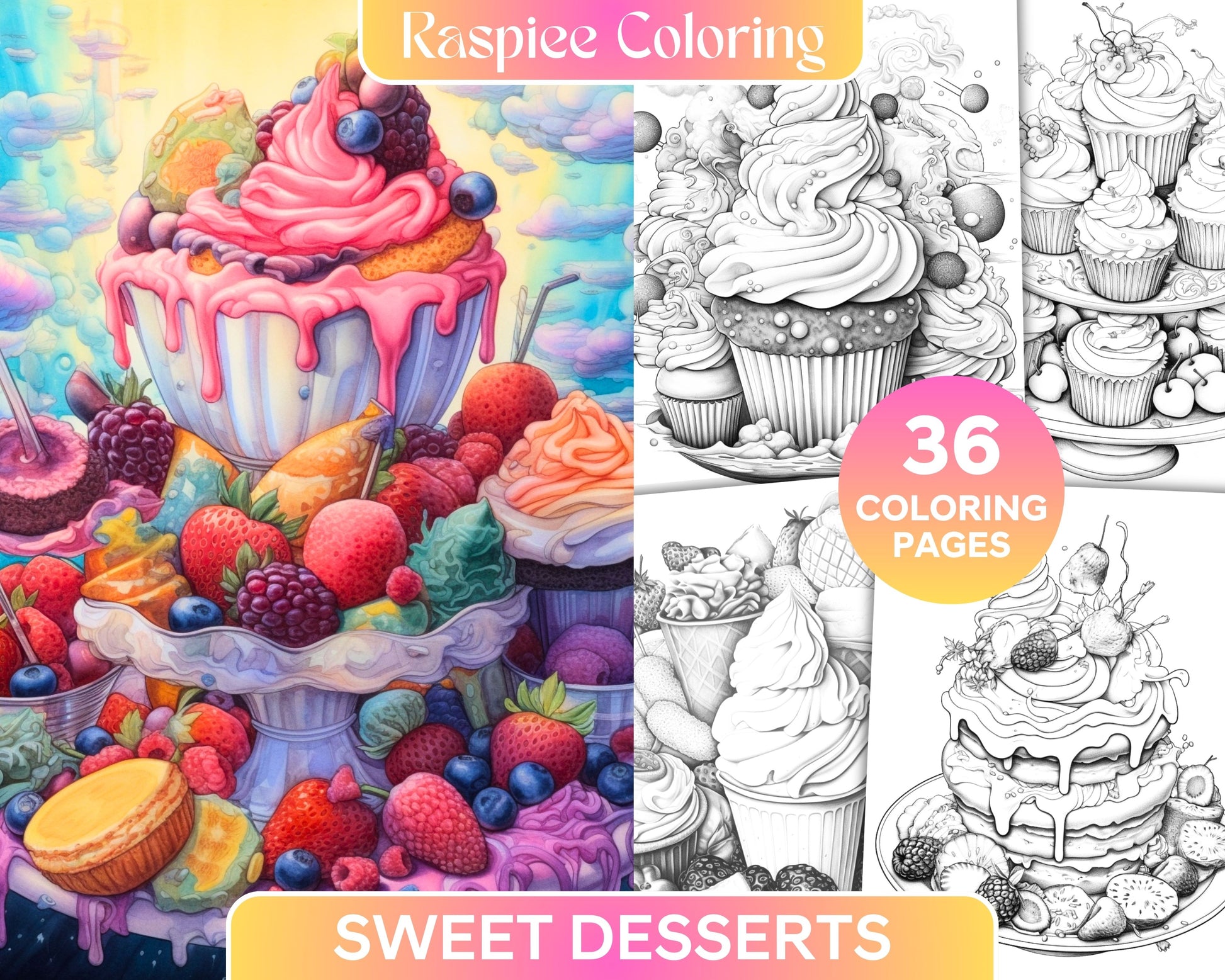 Sweet desserts coloring pages printable for adults grayscale color â coloring